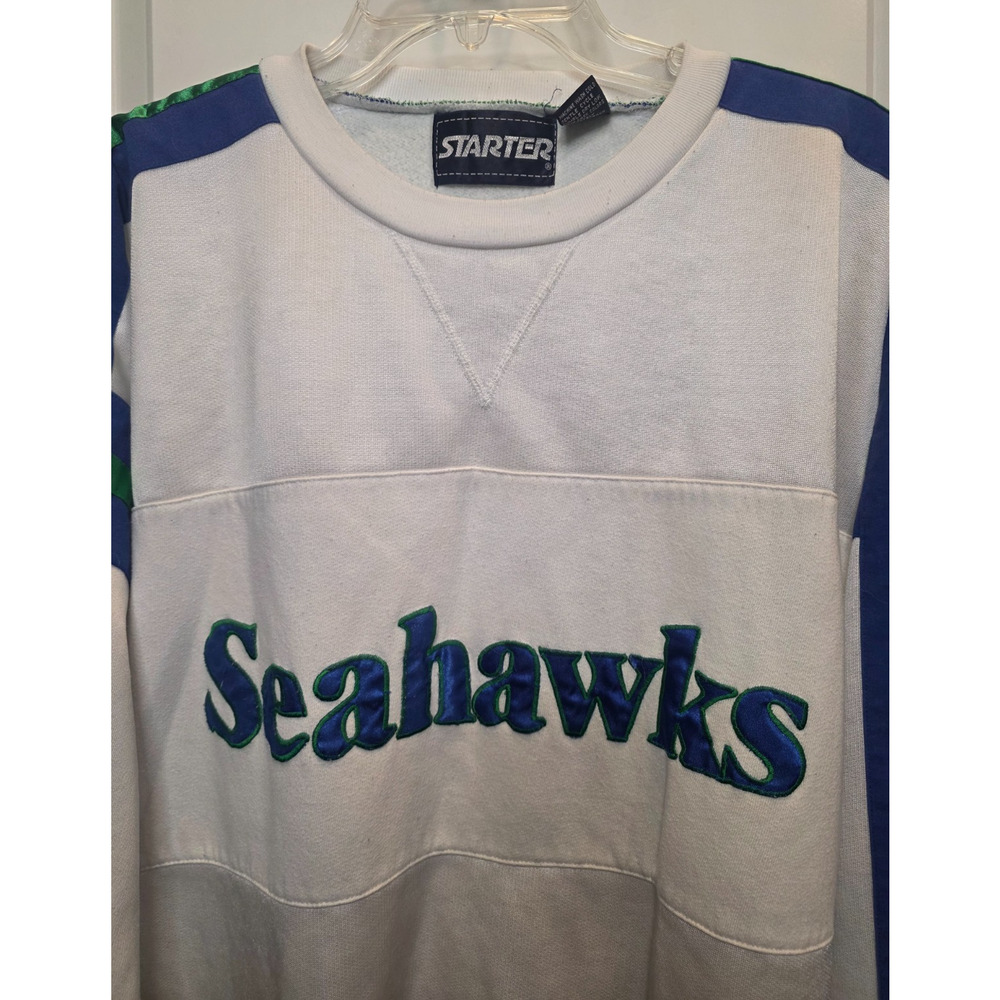 Starter Seahawks Vintage Sweatshirt Men's Large White Seattle Crewneck 90s NFL - Picture 2 of 11